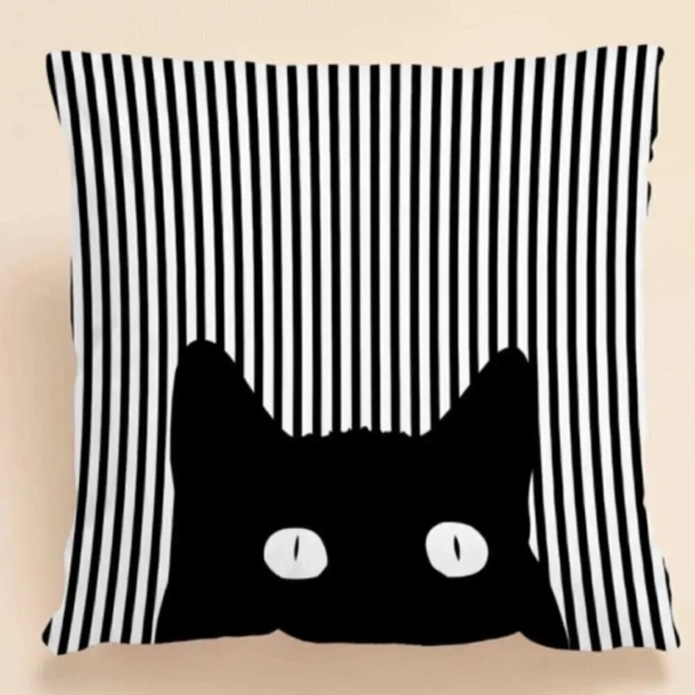 Cat Theme Pillow Cover Zippered Decorative Square Black White 17.7 in X 17.7 in